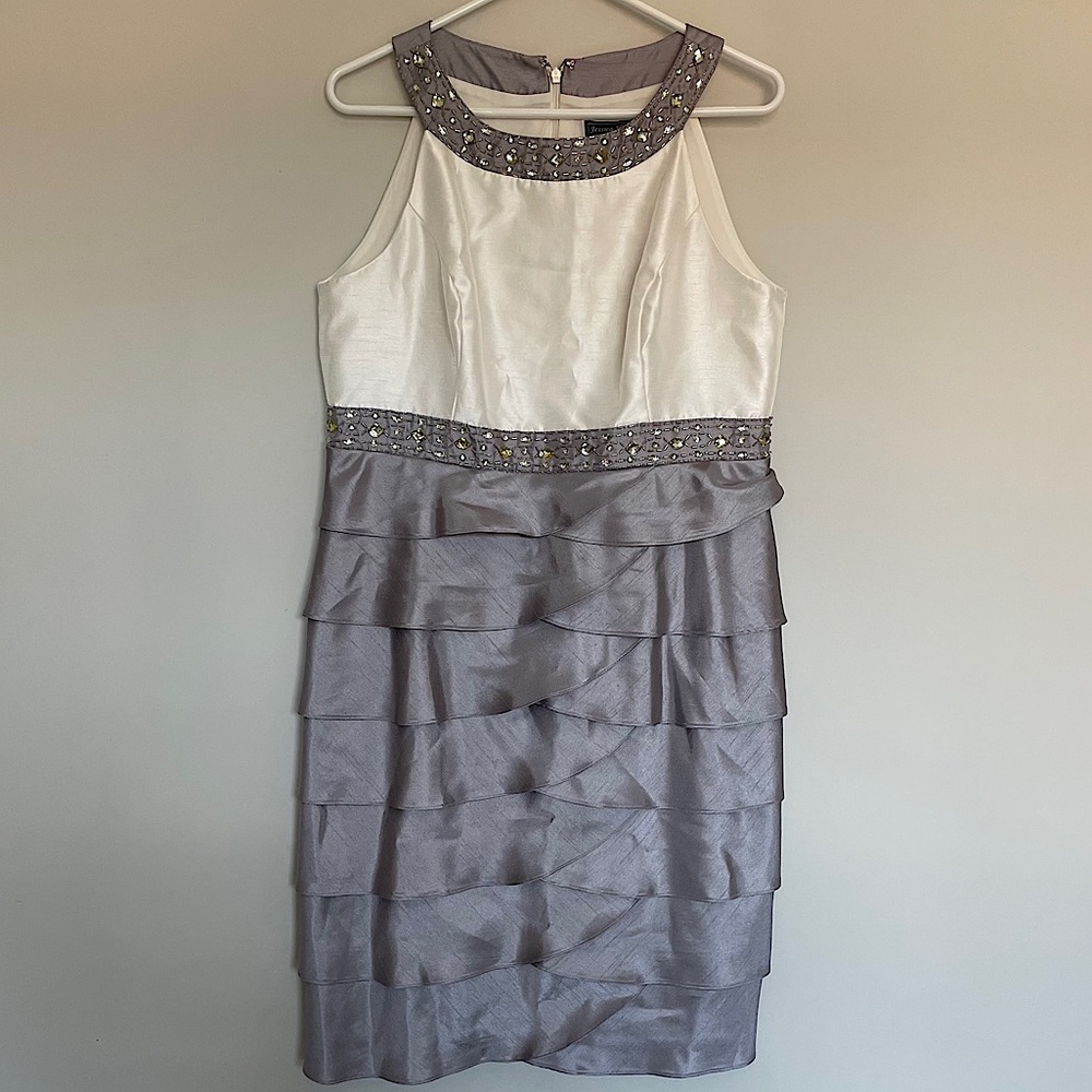Jessica Howard, Cream/Silver Gray Dress, Ruffles, Sleeveless, Crystal Beading
